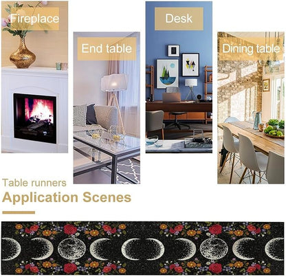 Boho Moonlit Garden Flower Table Runner,Moon Phase Floral Long Table Runner Cover for Wedding Kitchen Party Holiday Dining Home Everyday 13x60 Inch