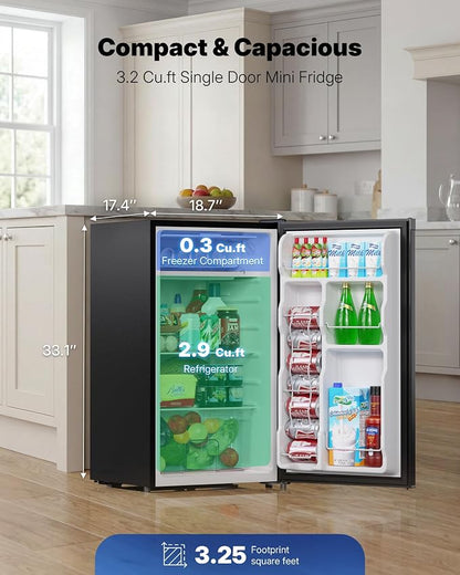 Upstreman 3.2 Cu.Ft Mini Fridge with Freezer, Black-BR321 | Adjustable Thermostat, Energy Saving, Low Noise, Reversible Door, Small Refrigerator for Dorm, Bedroom, Office