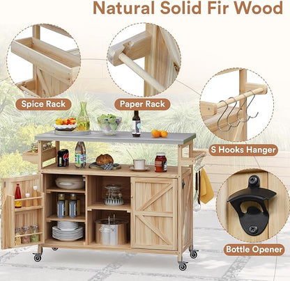 Zevemomo Outdoor Grill Cart with Storage, Stainless Steel Tabletop Outdoor Kitchen Island, Solid Wood Outdoor Buffet Cabinet with Wheels for Grilling, Light Wood Color