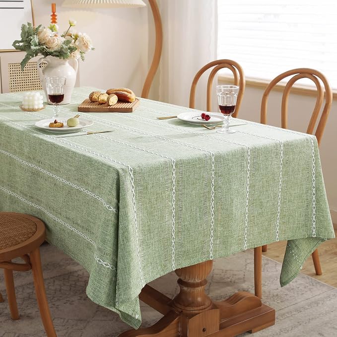 Chassic Rectangle Tablecloth 60 x 84 Inch, Farmhouse Boho Linen Table Cloths, Wrinkle Free & Washable Tablecloths for Dining Tables, Spring Kitchen Decor – Hemstitch Sage Green