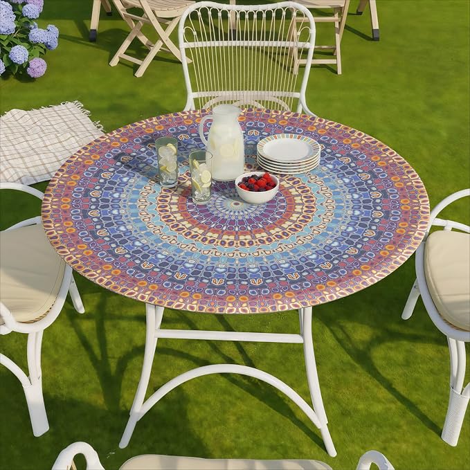 opstellen Fitted Round Tablecloth Bohemian Vinyl Patio Table Cloths for 36-44" Tables Camper Travel Vacation Accessories Living Room New HomeHouse Decorations Outdoor Road Trip Must Haves