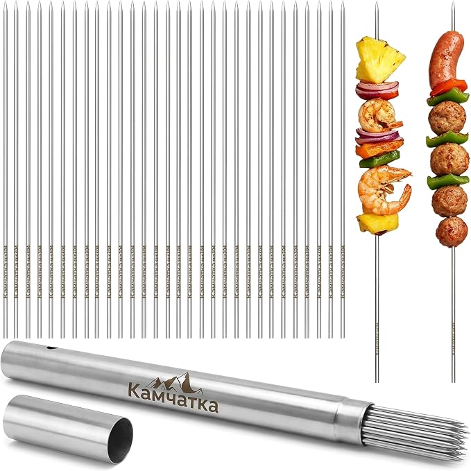 50 Pack 13.5 Inch Stainless Steel BBQ Skewers | Reusable Round Metal Skewers,Rustproof Food Safe Material with Storage Sube, for Meat Seafood Vegetables Kabobs