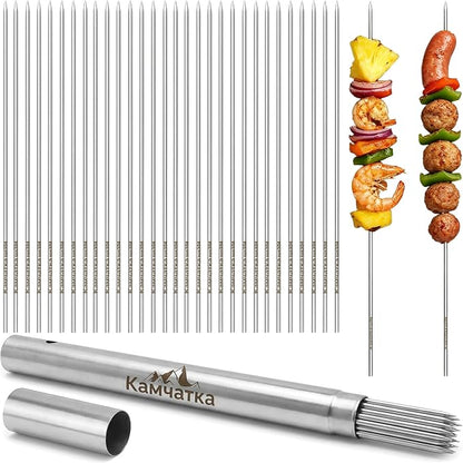 50 Pack 13.5 Inch Stainless Steel BBQ Skewers | Reusable Round Metal Skewers,Rustproof Food Safe Material with Storage Sube, for Meat Seafood Vegetables Kabobs