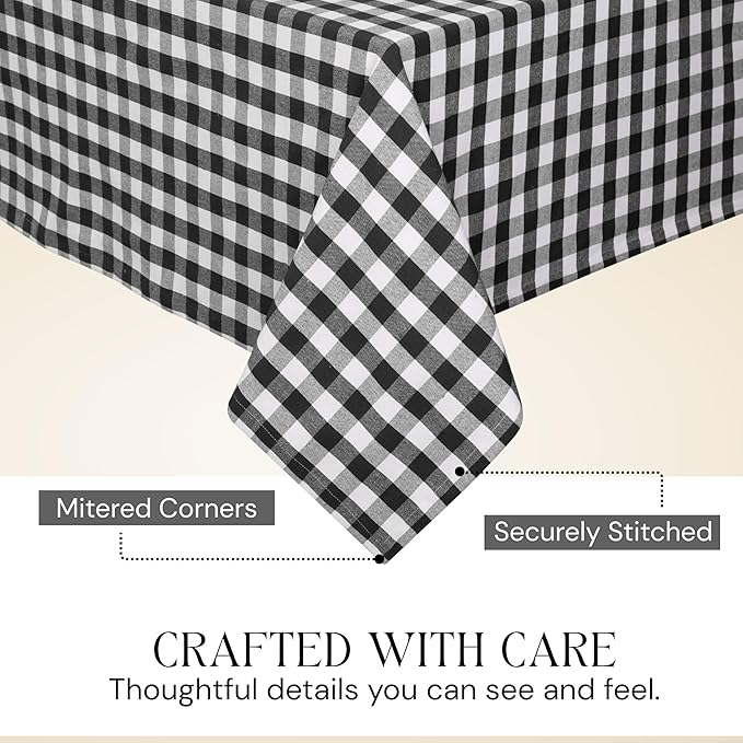 Gingham Buffalo Check 60"x102" Tablecloth 100% Cotton Washable Rustic Rectangle Table Cover Decorative for Gifts, Dining, BBQ, Buffet Parties & Camping - Black