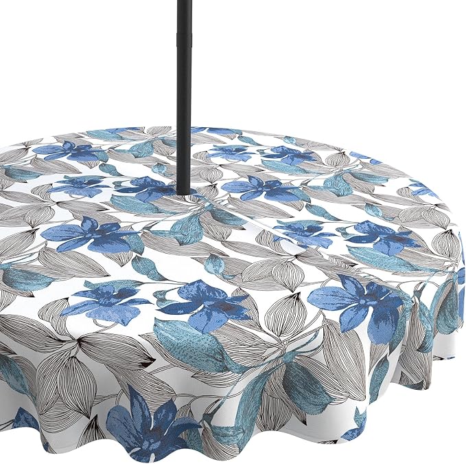 LVTXIII Outdoor Tablecloth with Umbrella Hole and Zipper, 60 Inch Water-Repellent Patio Table Cloth, Round Table Covers for Backyard Garden, Clemens Noir Blue