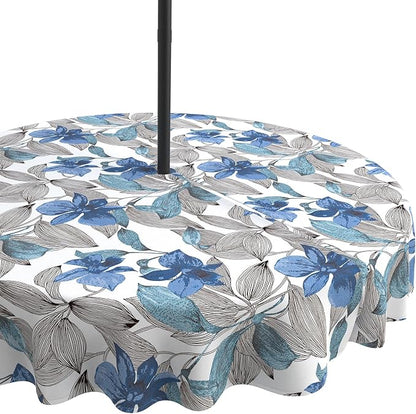 LVTXIII Outdoor Tablecloth with Umbrella Hole and Zipper, 60 Inch Water-Repellent Patio Table Cloth, Round Table Covers for Backyard Garden, Clemens Noir Blue