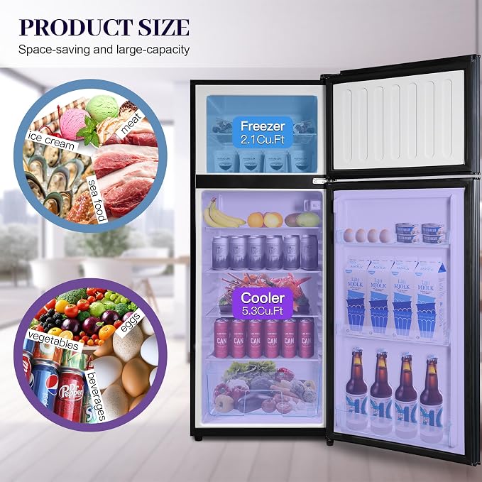 Fridge with Freezer 7.4 Cu. Ft., 2-Door Apartment Refrigerator with Adjustable Thermostat & Shelves, LED Lights Refrigerator with Freezer for Kitchen, Office, Dorm, Garage, Blue