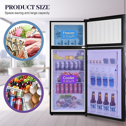 Fridge with Freezer 7.4 Cu. Ft., 2-Door Apartment Refrigerator with Adjustable Thermostat & Shelves, LED Lights Refrigerator with Freezer for Kitchen, Office, Dorm, Garage, Blue
