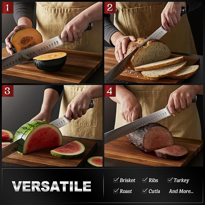 YFWOOD Slicing Carving Knife, 12 inch Brisket Knife for Meat Cutting, BBQ, Turkey – Razor Sharp High Carbon Stainless Steel Slicing Knives, Full Tang, Ergonomic Handle, Professional Chef's Knives