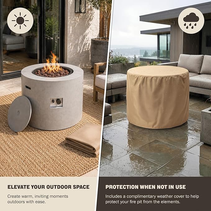 Kinger Home Loren 32-Inch Round Propane Fire Pit Table, Alloy Steel Outdoor Fire Pit with 50,000 BTUs, Includes a Burner lid, Lava Rocks and Weather Cover