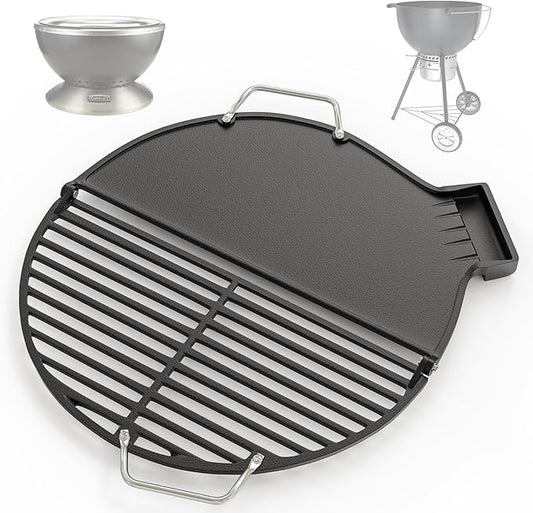 SafBbcue Cast Iron Griddle & Grate for Weber 22" Kettle Charcoal Grill Accessories, Foldable Cooking Grate & Griddle for Cuisinart CHA-830 Cleanburn Fire Pit Cook Top, Outdoor Campfire BBQ Parts