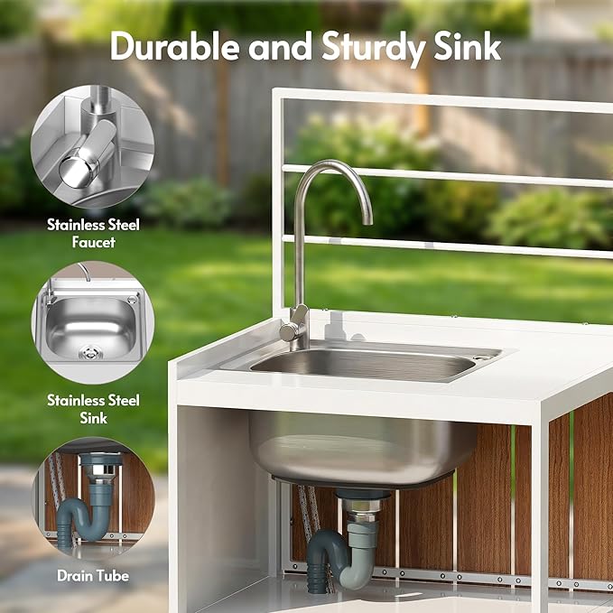 ENSTVER Modular Outdoor Kitchen with All-Aluminum Island & Cabinets, Stainless Steel Sink, Food-Safe Countertop, Outdoor Kitchen Island for Patio, Deck, Backyard,White