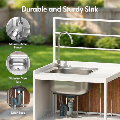 ENSTVER Modular Outdoor Kitchen with All-Aluminum Island & Cabinets, Stainless Steel Sink, Food-Safe Countertop, Outdoor Kitchen Island for Patio, Deck, Backyard,White