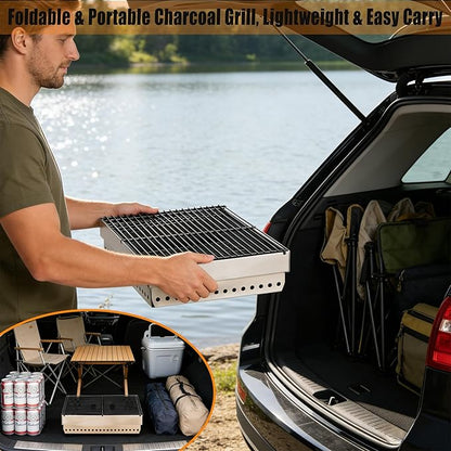 Portable Charcoal Grill, Small Tabletop BBQ, Foldable Mini Hibachi, Stainless Steel Camping Grill, Compact Outdoor Cooker for Picnic, Tailgating