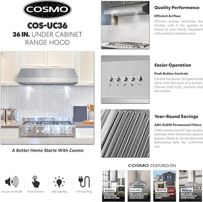 COSMO UC36 36 in. Haven Collection 380 CFM Ducted Under Cabinet Range Hood, LED Lights, Button Controls, Stainless Steel