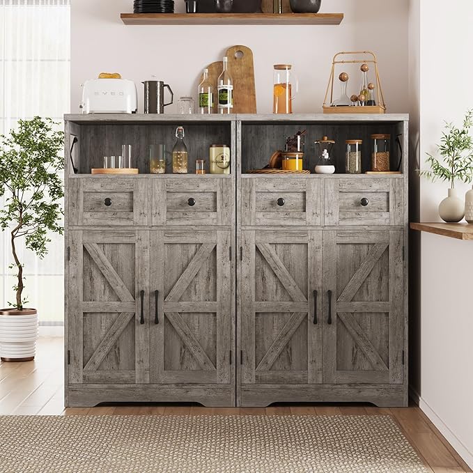 Befrases Set of 2 Farmhouse Storage Cabinet with Drawers and Adjustable Shelves, Freestanding Kitchen Pantry Storage Cabinet, Floor Storage Cupboard for Dining Living Room Home Office, Washed Grey
