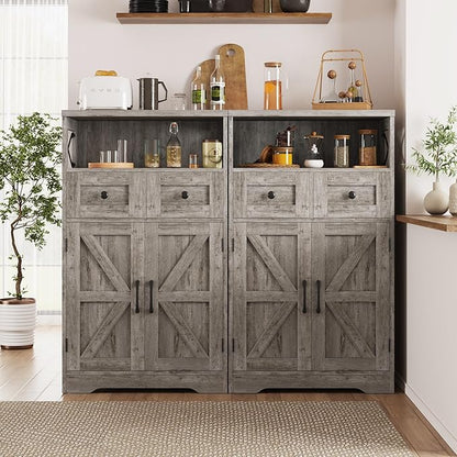 Befrases Farmhouse Storage Cabinet with Drawers and Adjustable Shelves, Freestanding Kitchen Pantry Storage Cabinet, Floor Storage Cupboard for Dining Living Room Home Office, Washed Grey