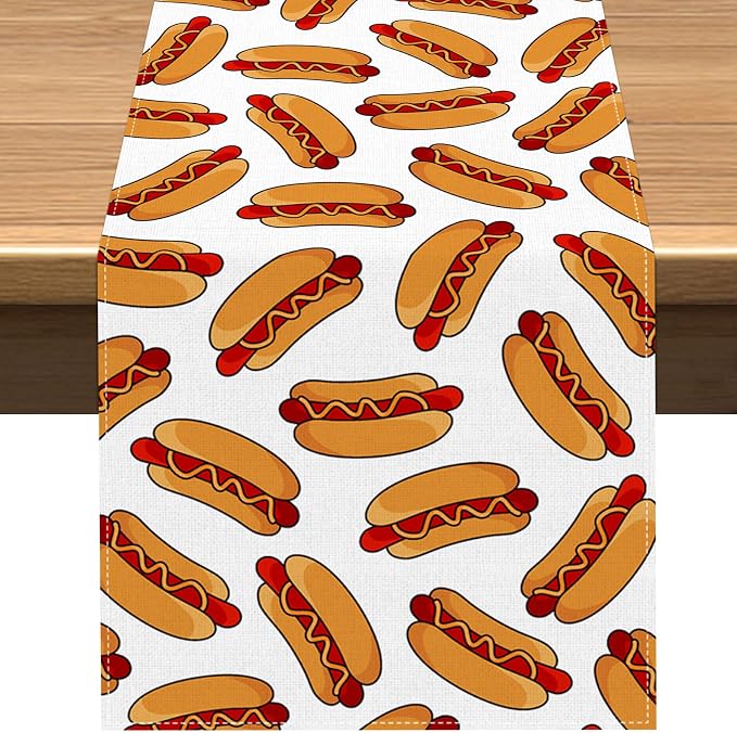 Vohado Hot Dog Table Runner Hot Dog Birthday Party Decoration Sausage Food BBQ Dining Room Home Kitchen Island Decor