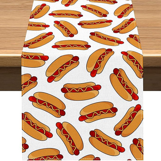 Vohado Hot Dog Table Runner Hot Dog Birthday Party Decoration Sausage Food BBQ Dining Room Home Kitchen Island Decor