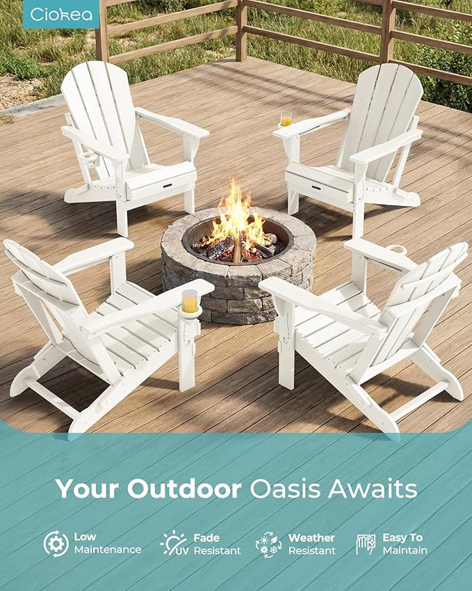 Ciokea Folding Adirondack Chair 6 Pack, Patio Adirondack Chair Weather Resistant, Plastic Fire Pit Chair with Cup Holder, Lawn Chair for Outdoor Porch Garden Backyard Deck (White)