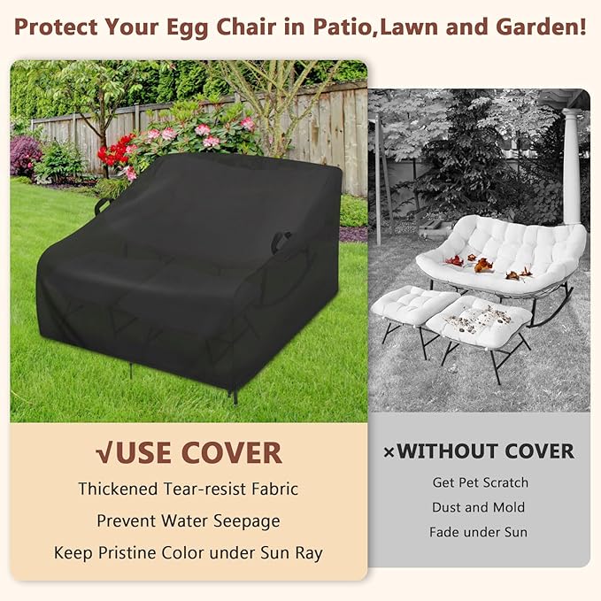 70inch Outdoor Rocking Chair Cover - 420D Oxford Fabric Patio Chair Cover with Adjustable Drawstring & Buckles, Waterproof Sun Protection for Papasan Rocker & Large Outdoor Chairs