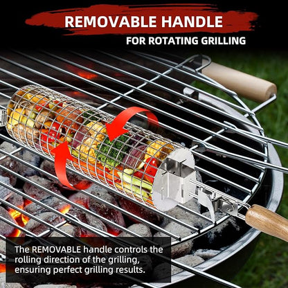 Rolling Grill Basket, SUS304 Stainless Steel, Removable Wooden Handle, Round Cylinder BBQ Grilling Basket, Outdoor Cooking Griller, Smoker Accessories for Vegetable, Gifts for Men Dad