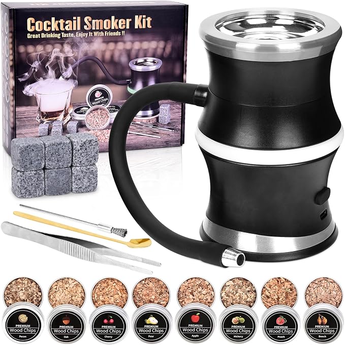 Electric Whiskey Smoker Kit, Cocktail Smoker Kit with Whiskey Stones & 8 Flavors Wood Chips, Drink Bourbon Old Fashioned Smoker Kit, Whiskey Gifts for Men, Dad, Husband, Boss, Boyfriend