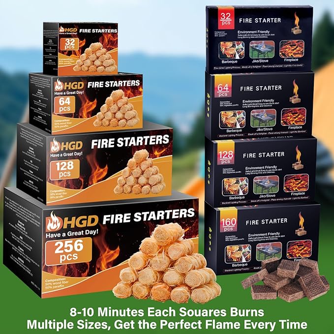 HGD Natural Fire Starters (32 Pcs) - Waterproof & Odorless Charcoal Starters for Fireplace, Campfire, BBQ, Grill, Fire Pit, Wood & Pellet Stove, Chimney, Pizza Oven & Smoker - Indoor & Outdoor Use