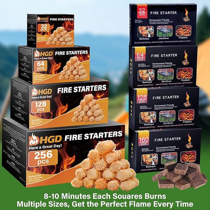 HGD Fire Starter, Mini Natural Fire Starters for Campfires, BBQ Grill, Charcoal Chimney, Outdoor Pit, Indoor Fireplace, Wood Stove - Water Resistant Firestarter Sticks - Camping Accessories Essentials