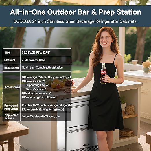 BODEGA Stainless Steel Commercial Restaurant Sinks Cabinet and Outdoor Kitchen Cabinet for Refrigerator Combo, Freestanding Utility Sink with Brake-Wheels & Spice-Rack, for Home, Kitchen, RV.