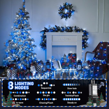 JMEXSUSS Blue and White String Lights Indoor, 200 LED Christmas Lights | 66ft Connectable Christmas Lights Plug in for Bedroom Tree Room Party Classroom Decorations