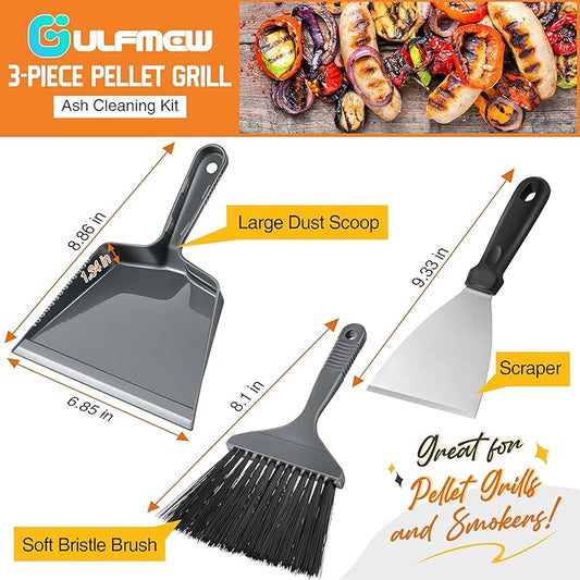 3 Piece Pellet Grill Ash Cleaning Kit, Includes Large Dust Pan, Soft Bristle Brush and Metal Scraper for Easy Removal of Ash, Debris and Grime