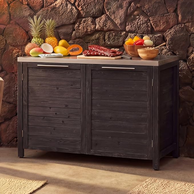 MOUMON Patio Kitchen Storage Cabinet with Stainless Steel Countertop, Solid Cedar Patio Prep Table for Grilling, Outdoor Cooking Station, Dark Grey 51.2”W x 23.6”D x 37.4”H