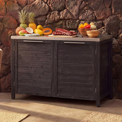 MOUMON Patio Kitchen Storage Cabinet with Stainless Steel Countertop, Solid Cedar Patio Prep Table for Grilling, Outdoor Cooking Station, Dark Grey 51.2”W x 23.6”D x 37.4”H