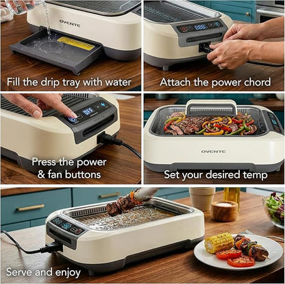 OVENTE Smokeless Indoor Grill, 1500W Electric Portable Korean BBQ Grill with One-Touch Control, LED Smart Display, Tempered Glass Lid, Two Removable Non-Stick and Dishwasher Safe Plates, White SGR85W