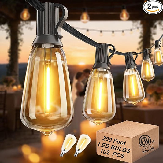 Outdoor String Lights Waterproof 200FT Outside Lighting for Patio Backyard | 2-Pack x 100FT Connectable Outdoor Lights,102 Shatteproof Dimmable Edison Bulbs for Porch Bistro Garden Gazebo Balcony Cafe