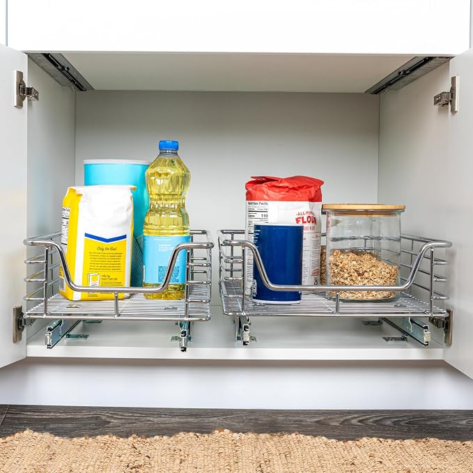 Household Essentials Chrome-Plated Steel Pull-Out Organizer with Artisanal Basket Detailing