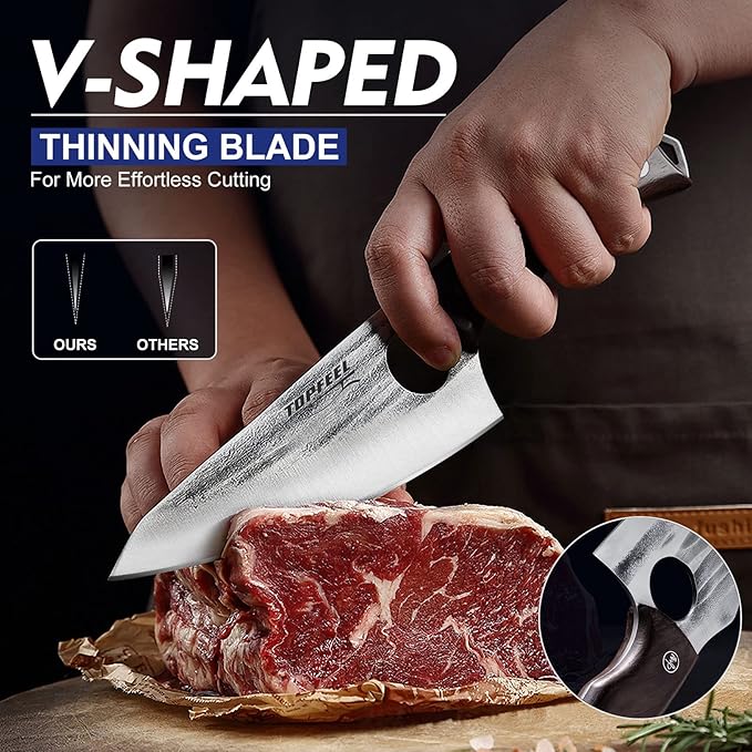 Topfeel 3PCS Butcher Knife Set Hand Forged chef knife Boning Knife, High Carbon Steel Meat Cutting Knives for Kitchen Camping BBQ…
