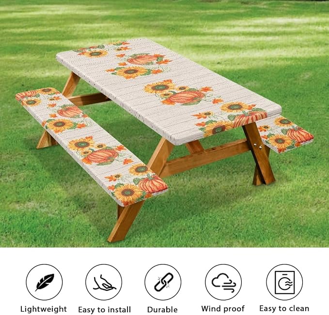 Fall Picnic Table Cover for Outdoor Camping Thanksgiving Pumpkin Sunflower Stripes Elastic Fitted Table Cloth for Camping Party Supplies 3 PCS Set