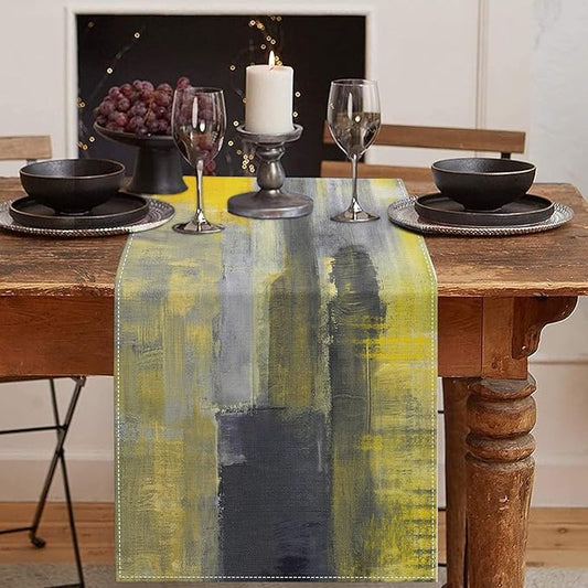 Emvency Modern Table Runner, Yellow and Grey Abstract Art Painting for Kitchen Coffee Table Family Dinners Holiday Parties Wedding Events Decor(13x72 inch)