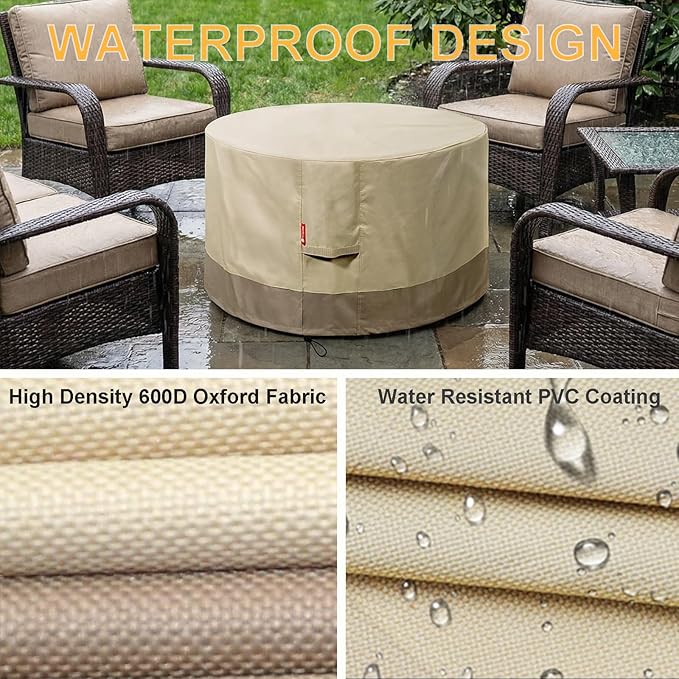 SheeChung Fire Pit Cover Round 44" D x 24" H Waterproof 600D Heavy Duty Patio Gas Fire Pit Cover,Large Shelter Fits 40-44 Inch Outdoor Firepit Table Beige