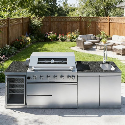 104" Modular Outdoor Kitchen Island With Grill And Side Burner, 4-burner 72,000 Btu Propane Bbq Island, Refrigerator, Separate Sink & Prep Station, For LP-Silver 85000BTU/101 Inch