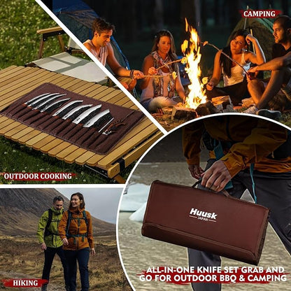 Huusk Butcher Knife Set, 10-Piece Hand Forged Chef Knife Set with Bag, Sharp Meat Cleaver & Bbq Carving Knives & Boning Breaking Knives for Kitchen & Camping, Fathers Day Gift for Men