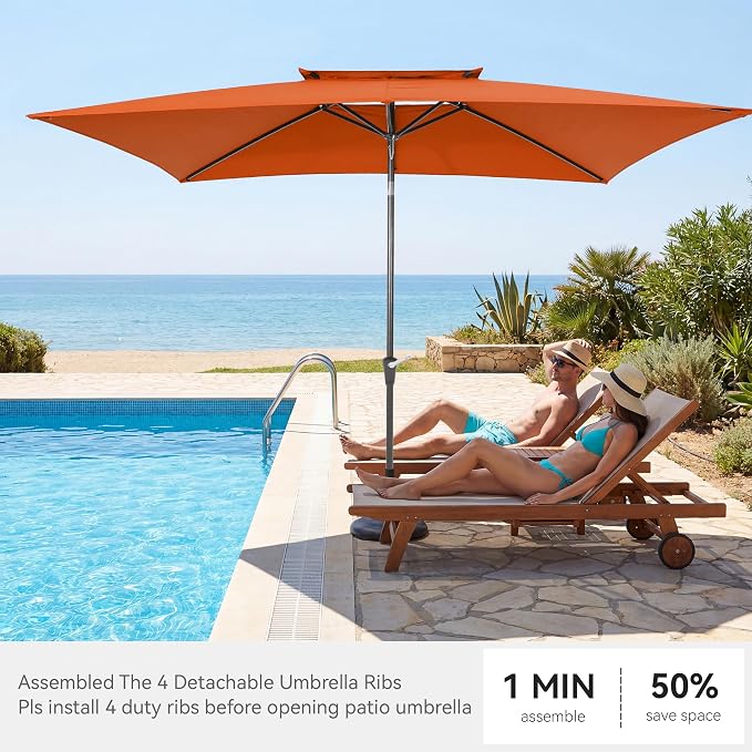 6.6 x 10 ft Rectangular Patio Umbrella, Outdoor Market Table Umbrella with Push Button Tilt and Crank, Double-Tier Vent, 6 Ribs, Rectangle Patio Umbrella for Backyard, Deck, Pool, Fits 4–6 Chairs and Tables (Orange)