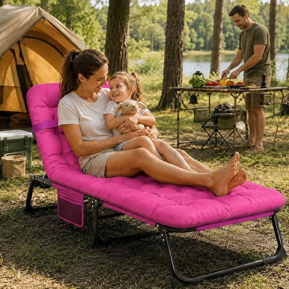 Suteck Tanning Chair with Face Hole, Folding Beach Lounge Chairs, Pink | Adjustable 5-Position Reclining Chaise, Removable Cushion & Pillow, Cooler Bag, 500Lbs Heavy-Duty for Outdoor Camping& Home