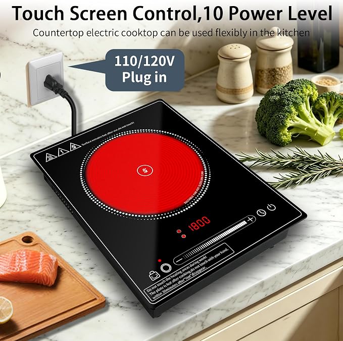 Single Burner Electric Cooktop,110V 1800W portable cooktop,Electric Stove Top with LED Knob Control,10 Power Levels, 2HTimer, Safety Lock, portable cooktop Overheat protection