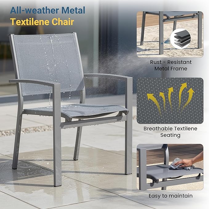 Wisteria Lane Patio Table and Chairs for 4, Outdoor Patio Dining Furniture Set with Aluminum Table and Metal Textilene Chairs, All-Weather Patio Table Set with HDPS Square Tabletop for Garden Porch
