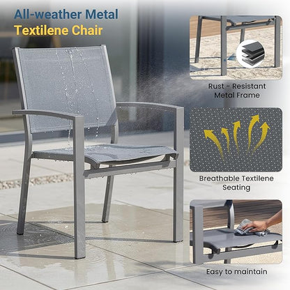 Patio Table and Chairs for 6, Outdoor Patio Dining Furniture Set with Aluminum Table and Metal Textilene Chairs, All-Weather Patio Table Set with HDPS Rectangular Tabletop for Garden Porch