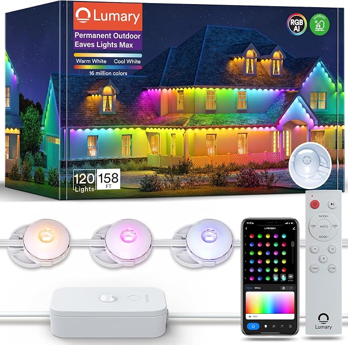 Lumary Permanent Outdoor Lights Max 158FT with 120 LED Eave Lights RGBAICW | 7200LM, IP67 Waterproof, Patio & Backyard Lighting, Pool Parties, DIY Scene Modes, Works with Alexa & Google Assistant