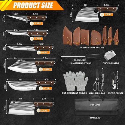 MDHAND Butcher Knife Set, 14PCS Hand Forged Serbian Chef Knife Set with Roll Bag, Heavy Duty Meat Cleaver Knives, Boning Knife, Meat Cutting Knife for Home Kitchen & Camping BBQ, Gifts for Men Women